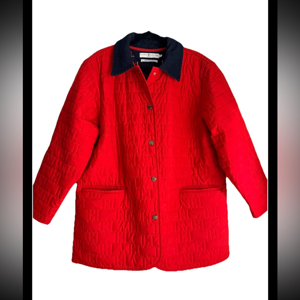 TOMMY HILFIGER Women’s Red Quilted Barn Jacket Black Corduroy Collar Sz 1X